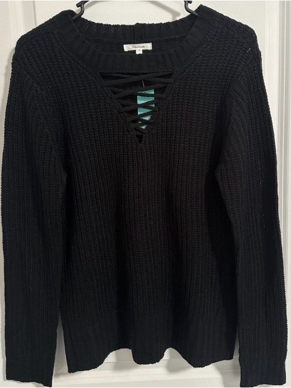 Maurices Black Lace-Up V-Neck Chunky Knit Sweater